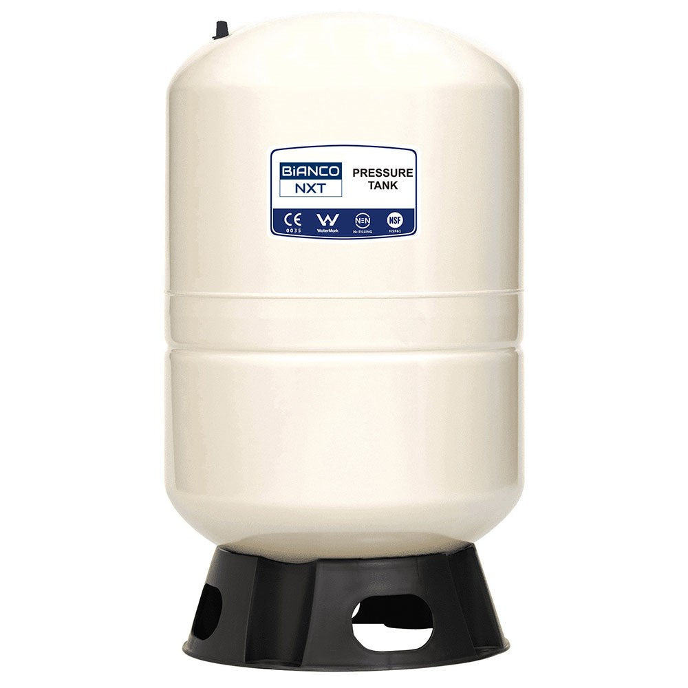 A Bianco NXT pressure tank with a cream-colored cylindrical body, a black base, and a blue and white brand label on the front.