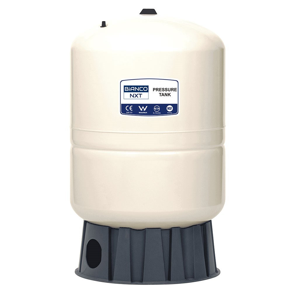 A cylindrical white plastic pressure tank with a dark gray ribbed base, featuring a blue and white 'BIANCO NXT PRESSURE TANK' label on the front.