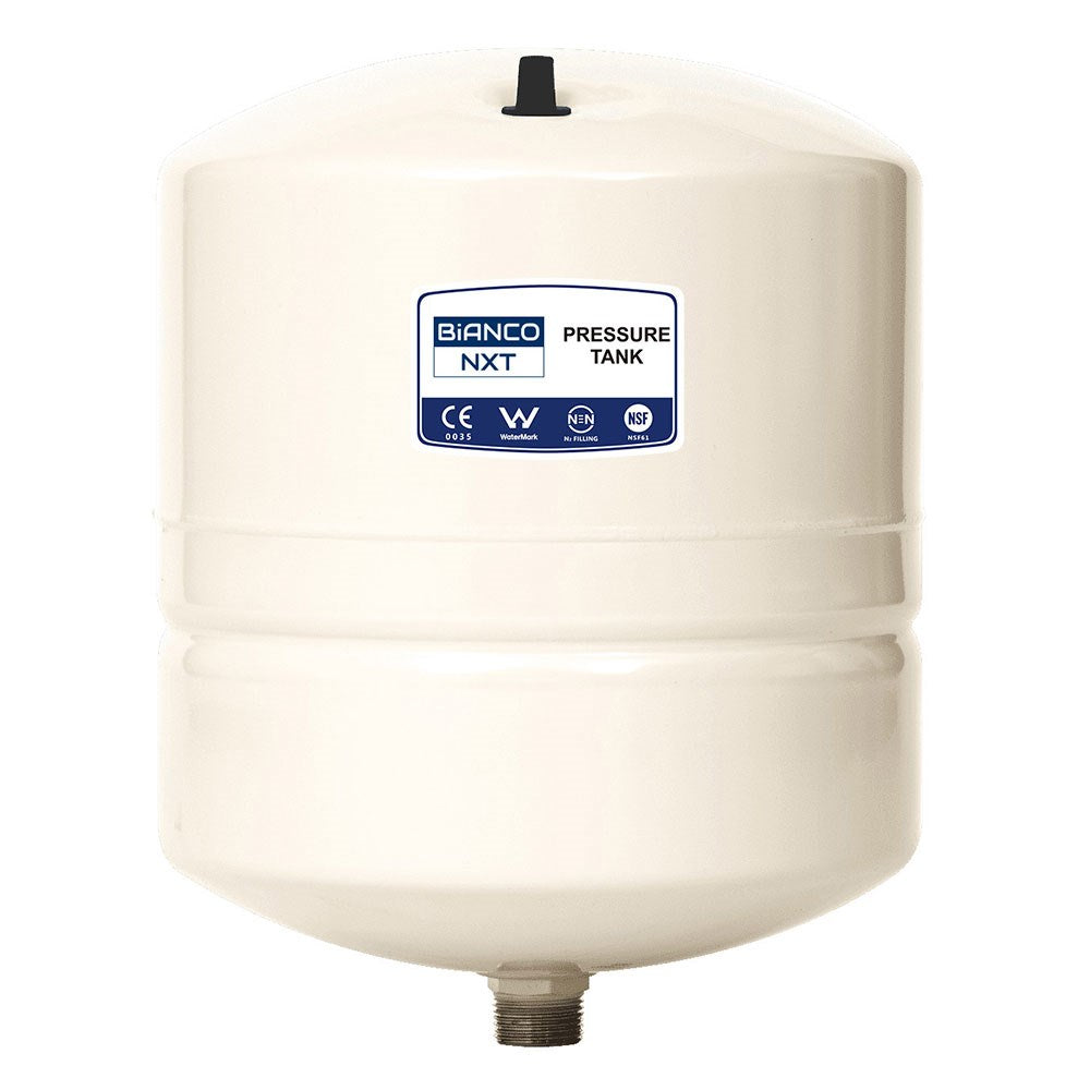 A Bianco NXT pressure tank in an off-white color, featuring a blue and white label on the front with the Bianco brand name and model NXT. The tank has a black fitting on top and a threaded connection on the bottom, set against a plain white background.