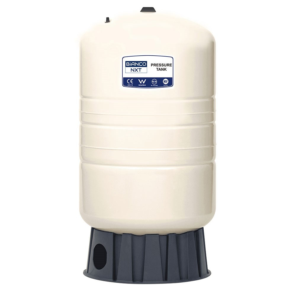 A white cylindrical pressure tank with a dark gray ribbed base, featuring a blue and white 'Bianco NXT Pressure Tank' label on the front.