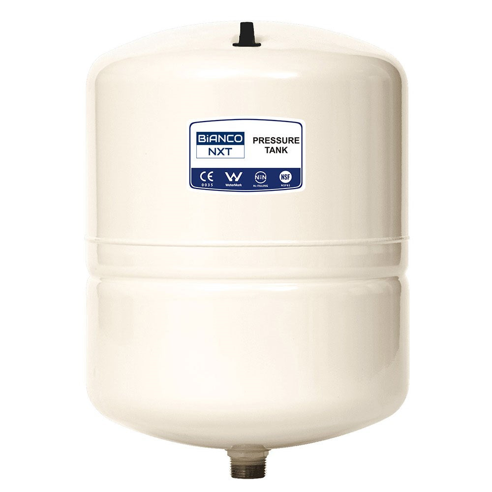 A Bianco NXT pressure tank in an off-white finish, featuring a blue and white label on the front, set against a plain white background.