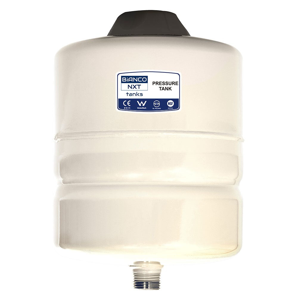 A white plastic pressure tank with a black top cap and a blue and white Bianco NXT label, shown on a plain white background.