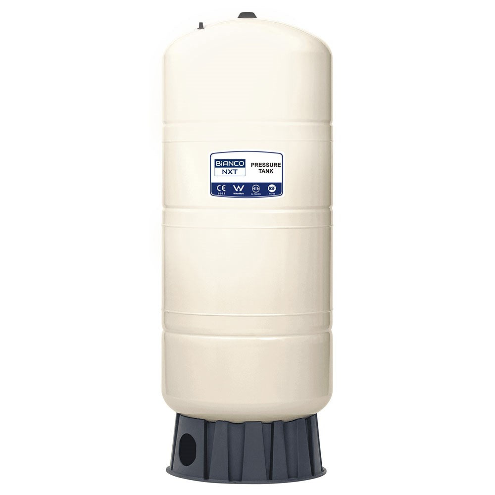 A vertical cylindrical pressure tank with an off-white plastic body and a dark gray ribbed base, featuring a blue and white 'BUNCO PRESSURE TANK' label on the front.