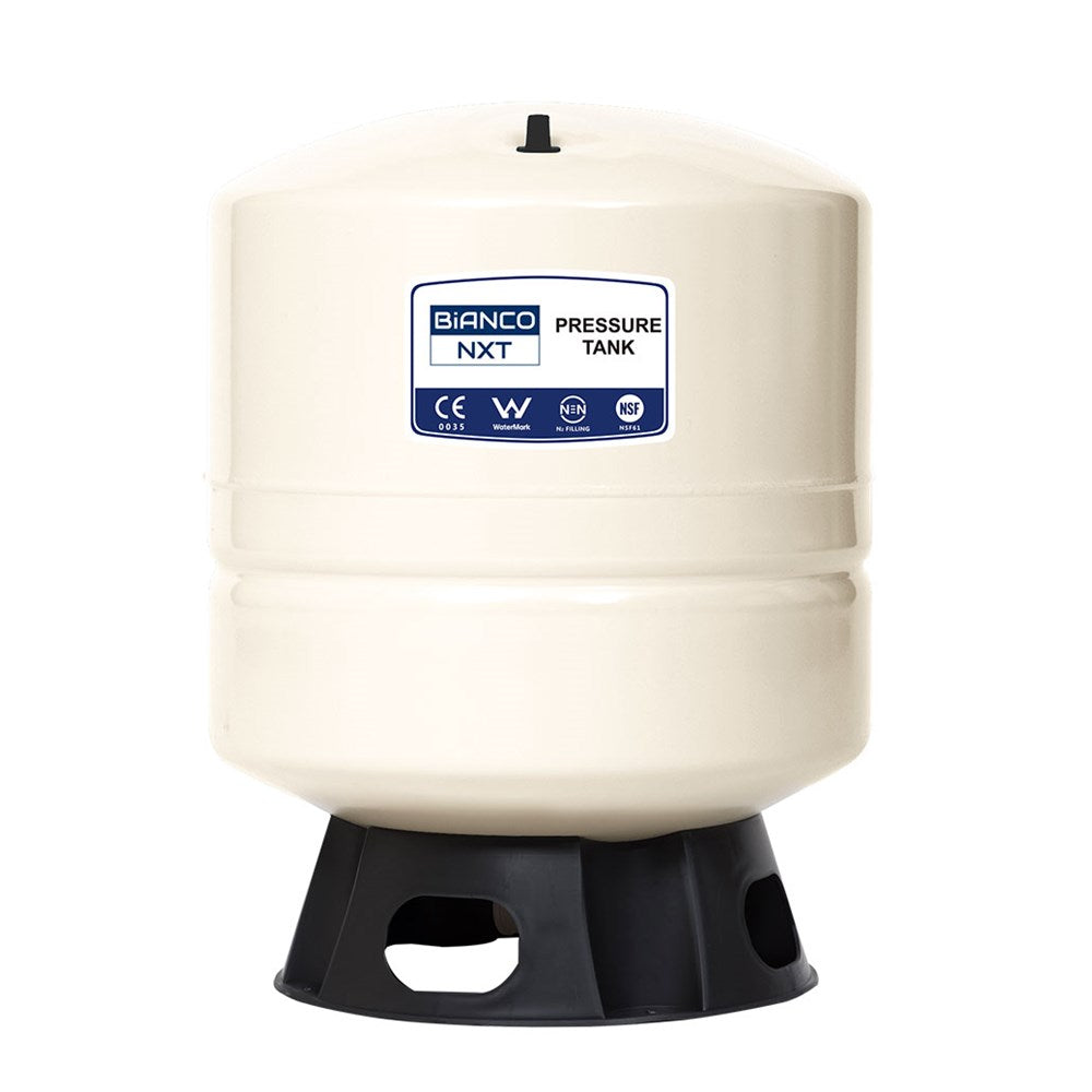 A Bianco NXT Pressure Tank with a cream-colored cylindrical body, a black plastic base, and a blue and white product label on the front.