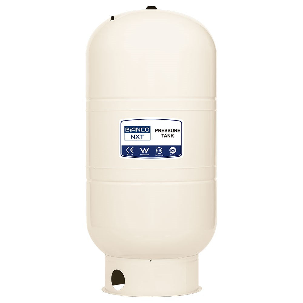 A white cylindrical pressure tank with a blue and white Bianco NXT label on the front, isolated on a white background.