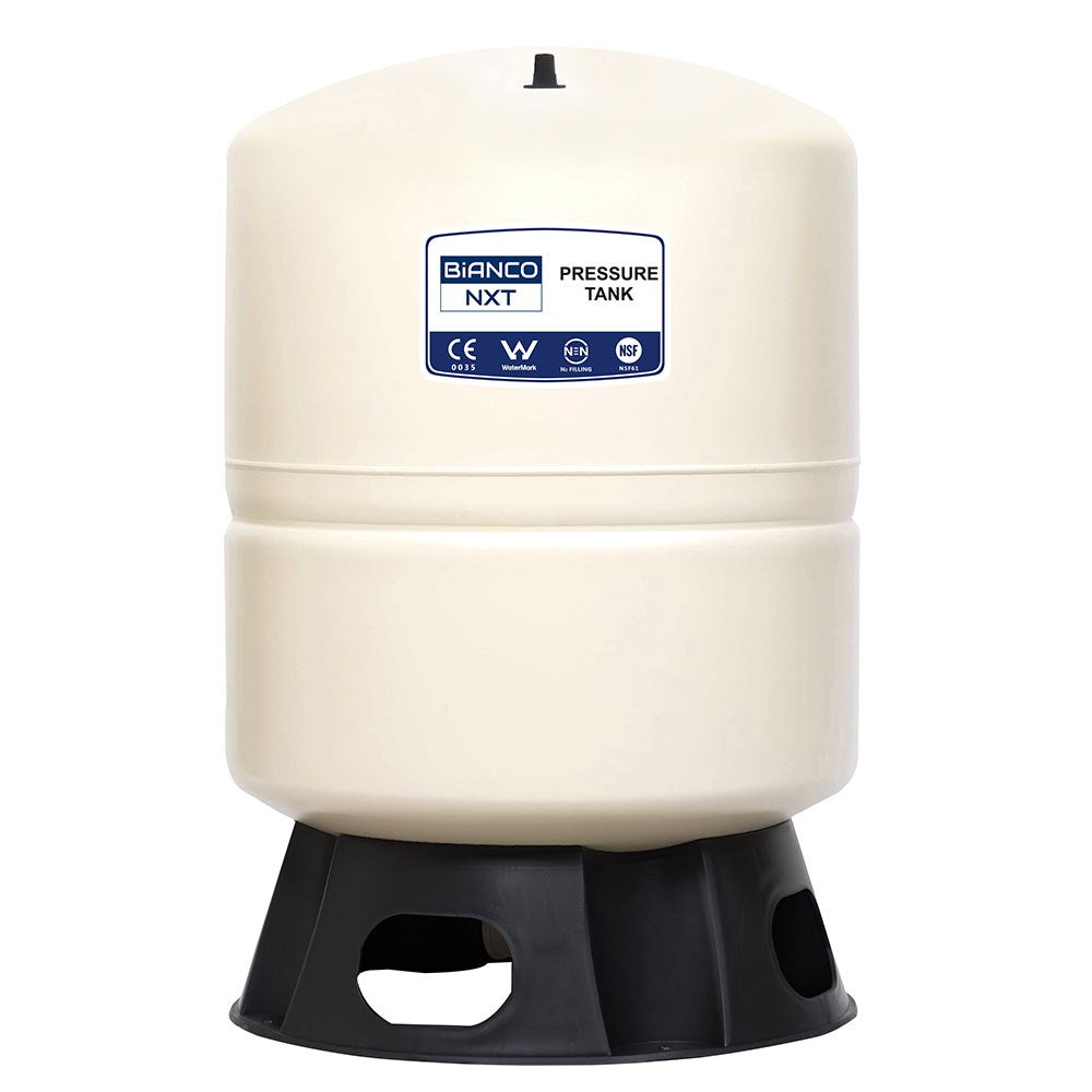 A Bianco NXT pressure tank with a cream-colored plastic body and a black plastic base, shown against a plain white background.