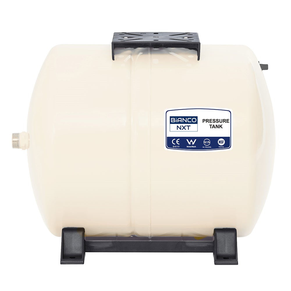 A Bianco NXT pressure tank with a cream-colored plastic body, black mounting brackets at the top and bottom, and a blue and white product label on the side, shown against a plain white background.