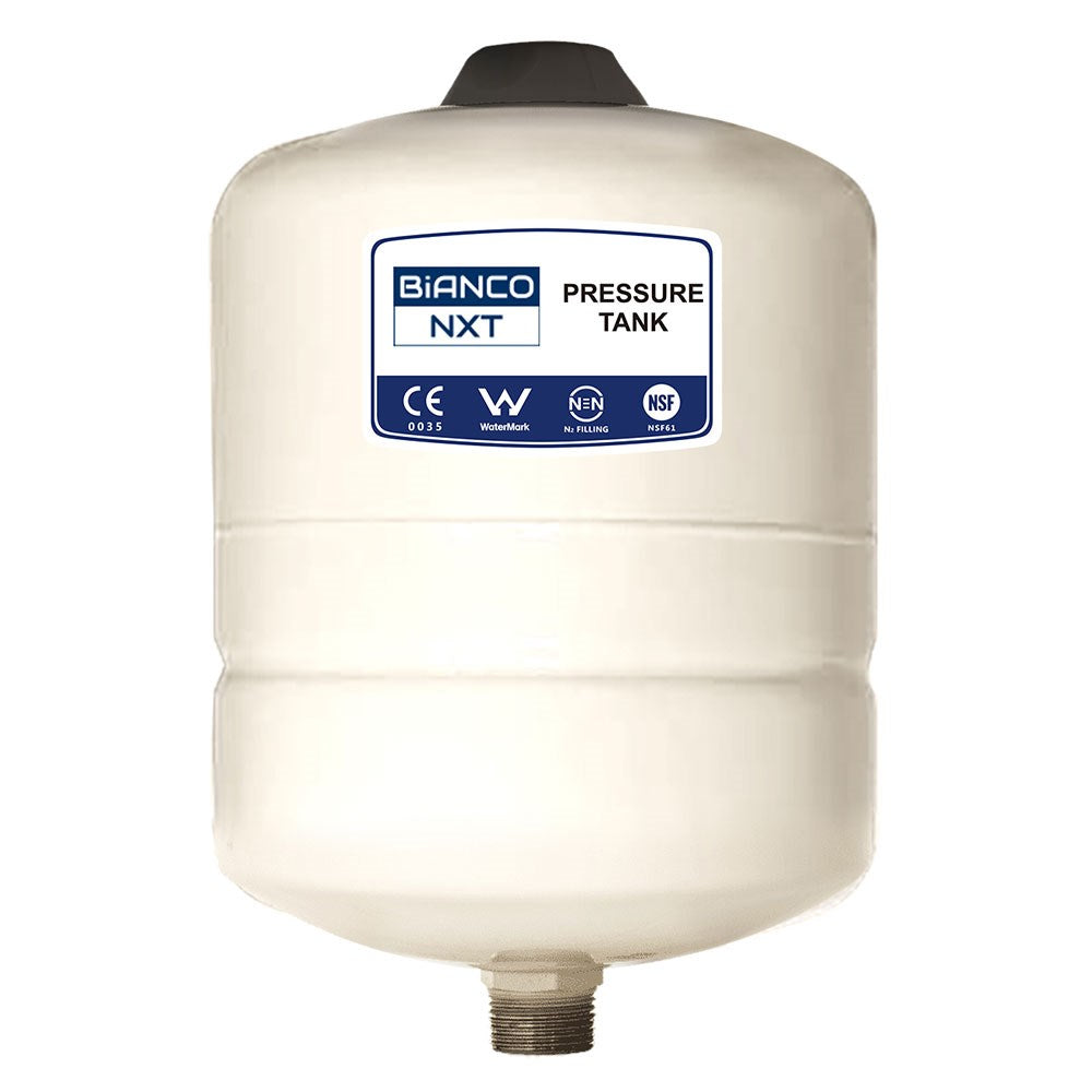 A white plastic pressure tank with a black top cap and a metal bottom fitting, featuring a blue and white Bianco NXT label on the front.