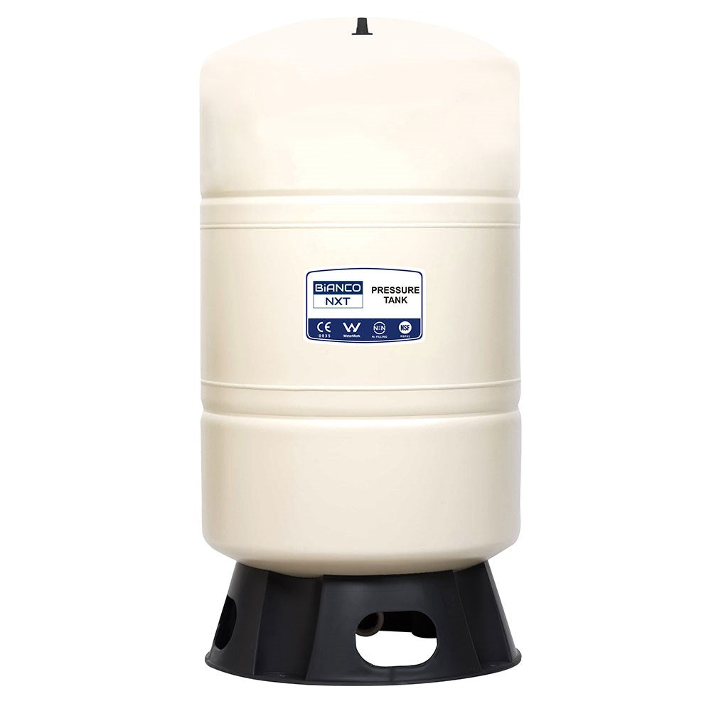 A beige plastic residential water pressure tank with a black base, featuring a blue and white Brenno brand label on the front.