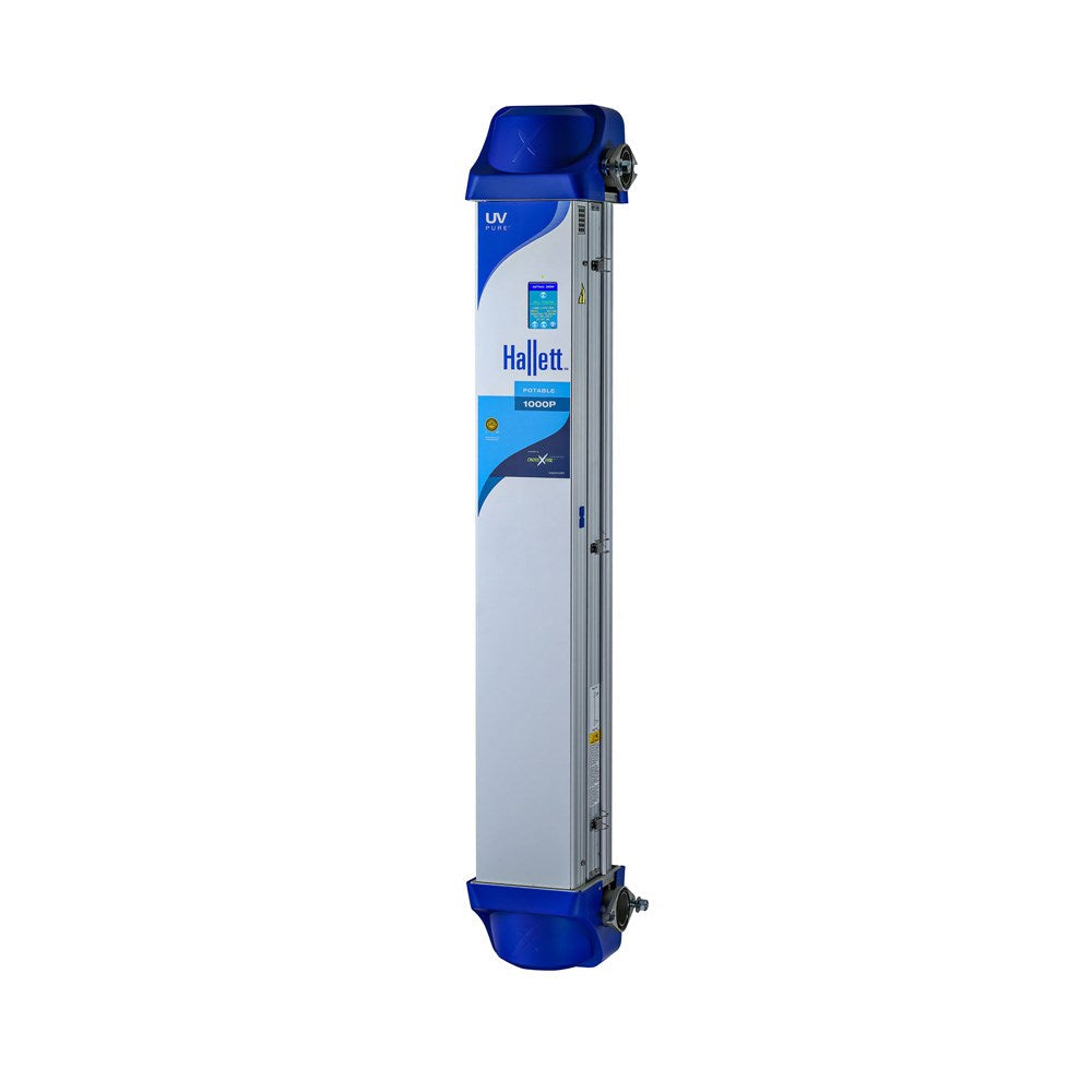 A tall, narrow Hallett UV water treatment device with a white body, blue top and bottom caps, and a small digital display on the front, isolated on a white background.