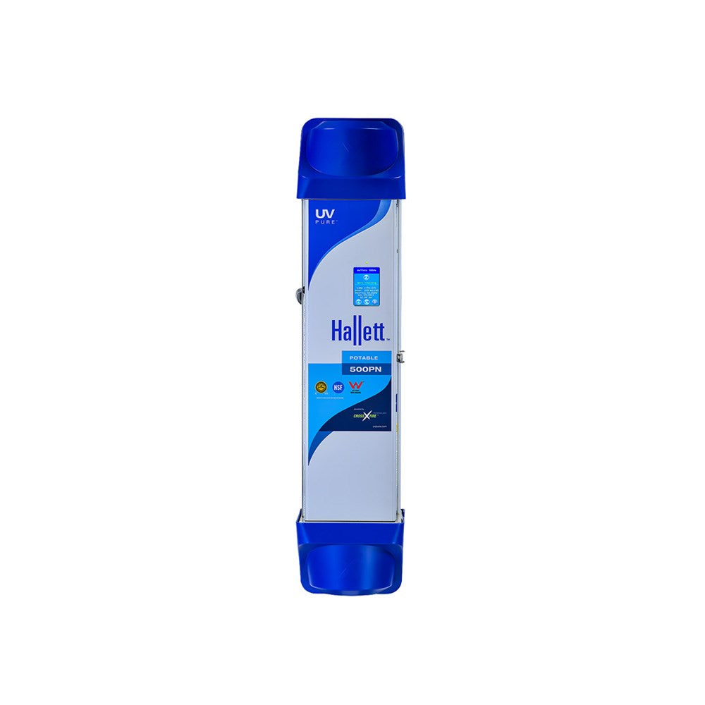 A Hallett UV Rapid 500 Pro portable UV sanitizer device, featuring a white body with blue caps and a blue and white label, shown against a plain white background.