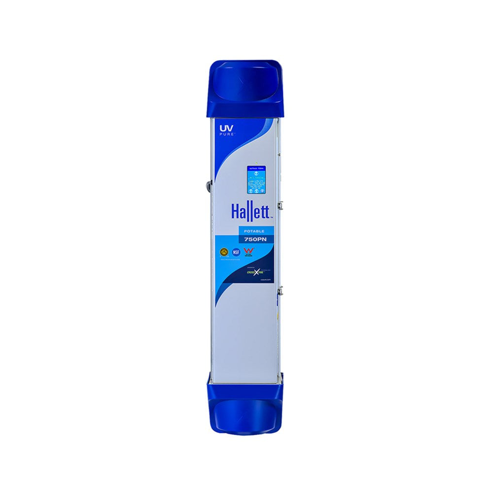 A Hallett UV light germicidal lamp in a tall, narrow rectangular housing, featuring a white body with blue accents and a digital display screen on the front.