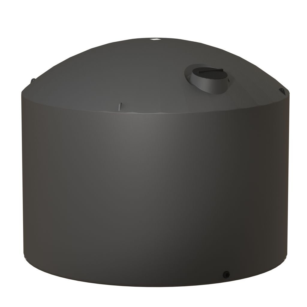 A Dark Grey 30000 litre plastic water tank with a dome roof, manhole access, and tie down eyelets.
