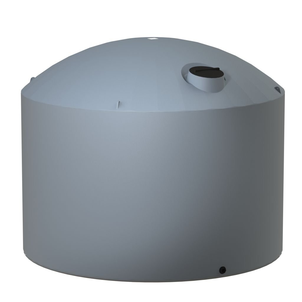 A green 30000 litre plastic water tank with a dome roof, manhole access, and tie down eyelets.